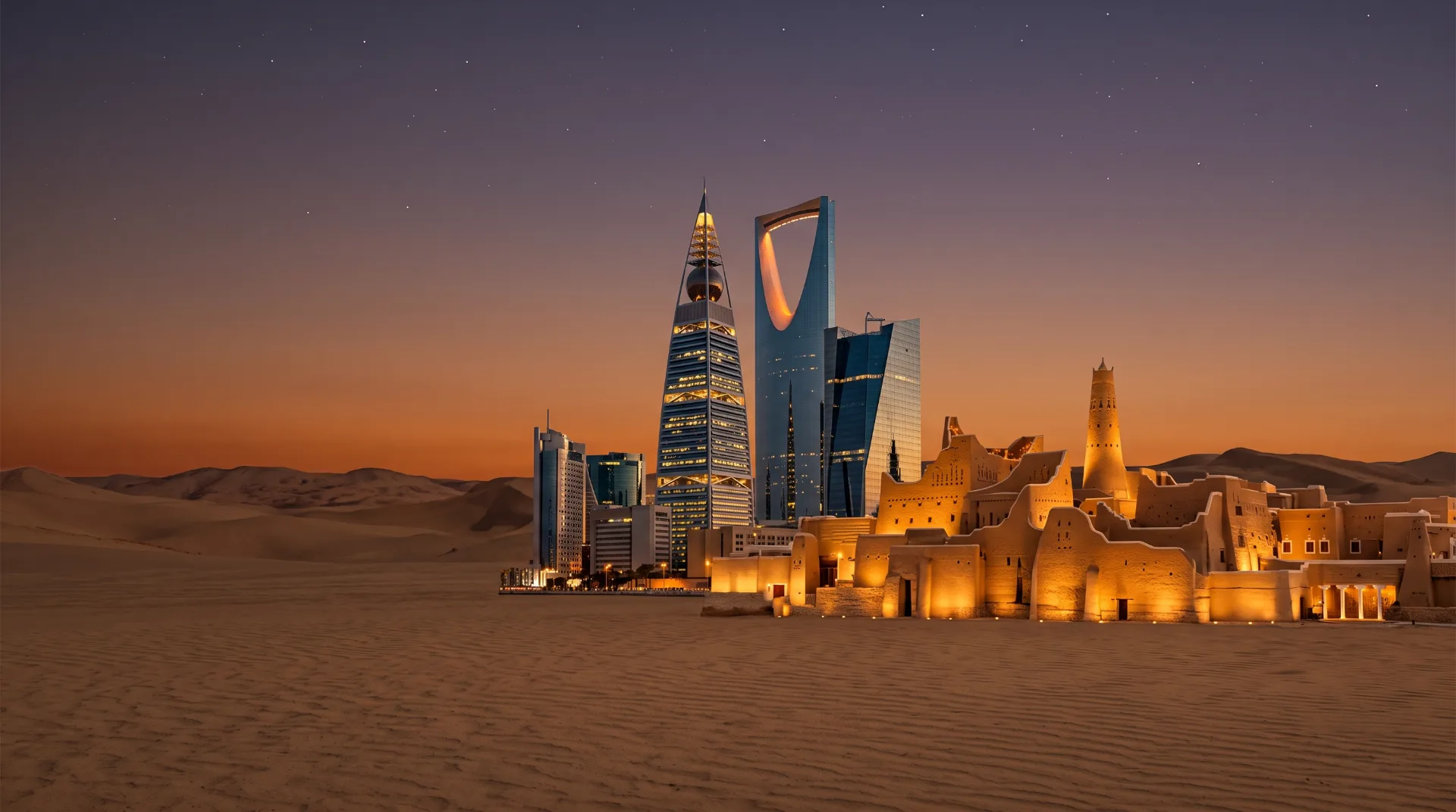 Riyadh at dusk, the modern skyline beside the mud-brick walls of Diriyah